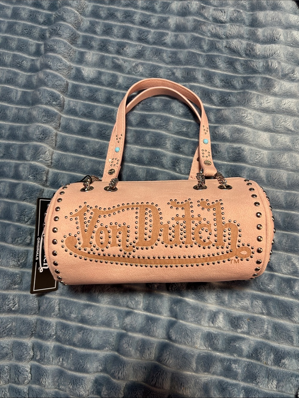 Von Dutch Pink Studded Barrel Handbag with Turquoise Accents
